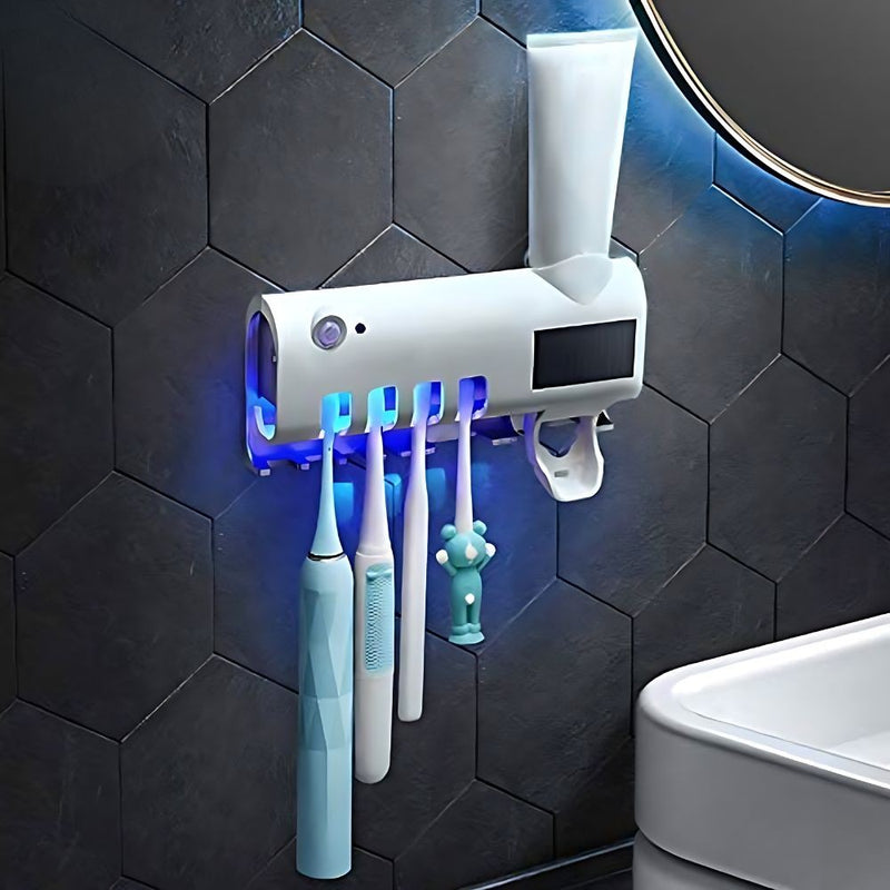 Suporte Dispensador Aplicador Pasta Escova de Dentes Esterilizador Com Luz UV Ante Bactérias.