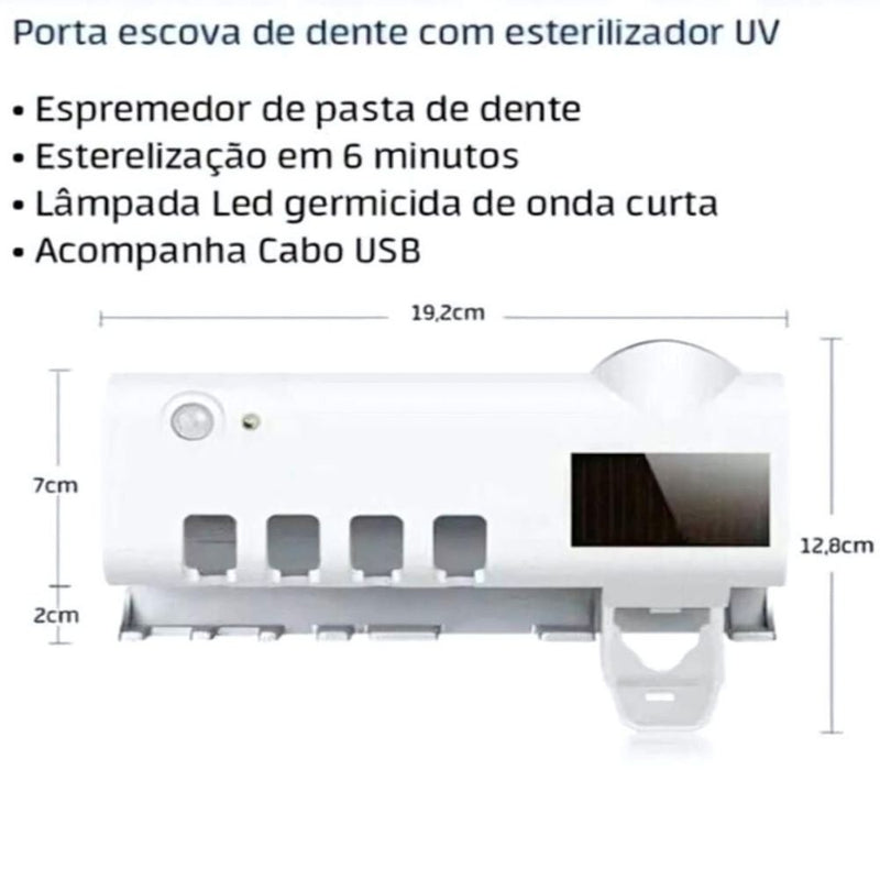 Suporte Dispensador Aplicador Pasta Escova de Dentes Esterilizador Com Luz UV Ante Bactérias.