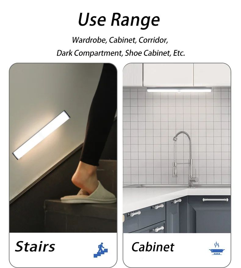 Luz noturna led sensor de movimento 20/30/40/60cm, sem fio, usb, luz noturna.