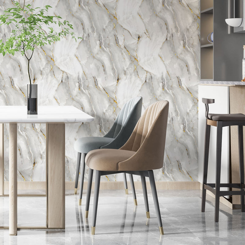Papel de Parede Autoadesivo Vinílico Mármore Branco Dourado Marmorizado Pedra
