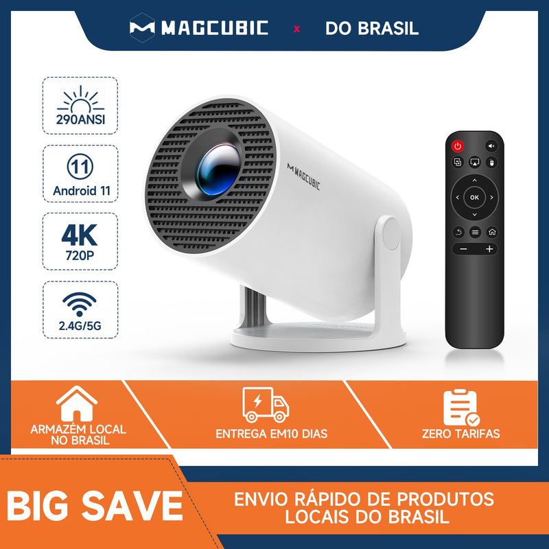 Projetor Magcúbico Android 11 290ANSI 720P 1080P 4K 180° Flexível BT5.0.