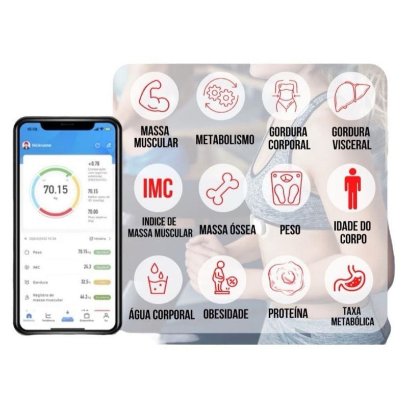Balança Bioimpedancia Digital Bluetooth Corporal até 180kg Resultado Pelo Celu