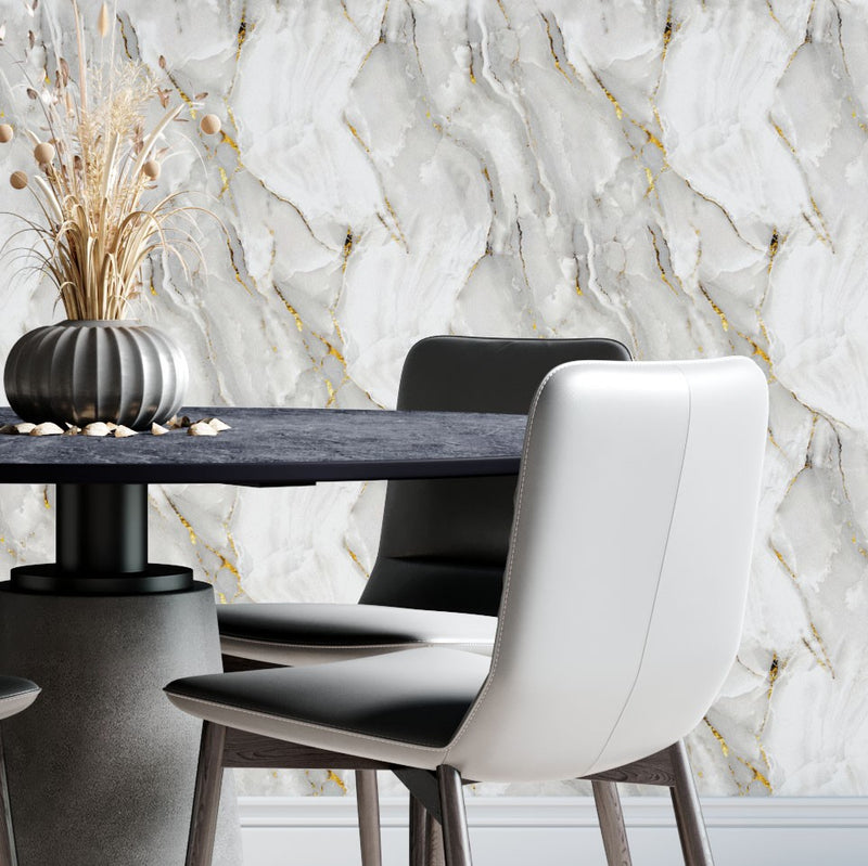 Papel de Parede Autoadesivo Vinílico Mármore Branco Dourado Marmorizado Pedra